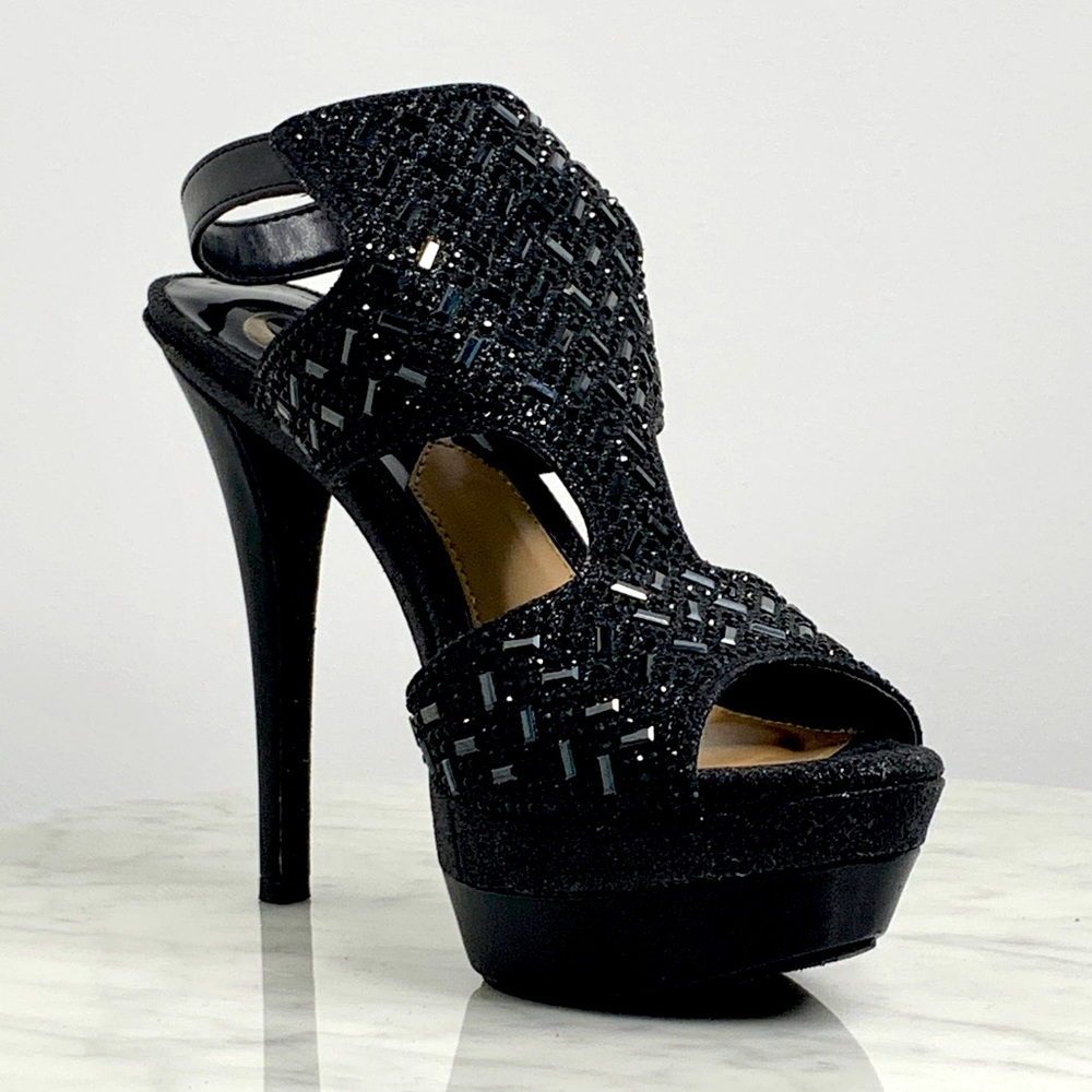Gianni Bini Black Leather Ankle Strap Stiletto Platform Heels Sandals Size 6.5 M